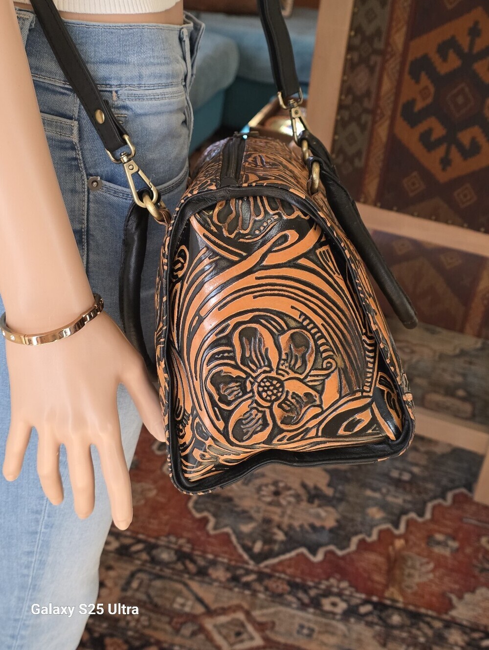 Floral Artisan Leather Speedy Satchel Burnt Copper & Black Western Crossbody - Picture 5 of 17